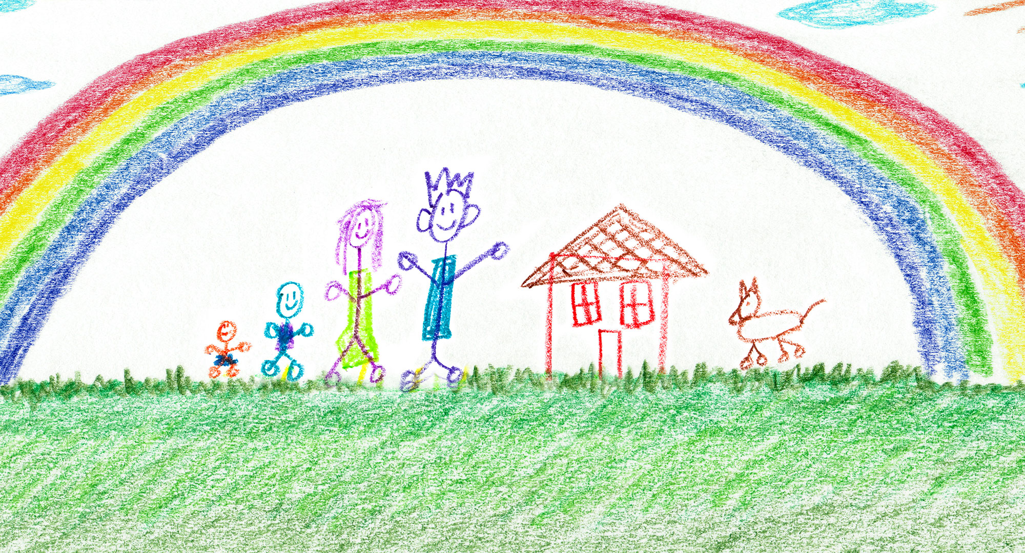 Crayon drawing of family, house, and dog under a rainbow